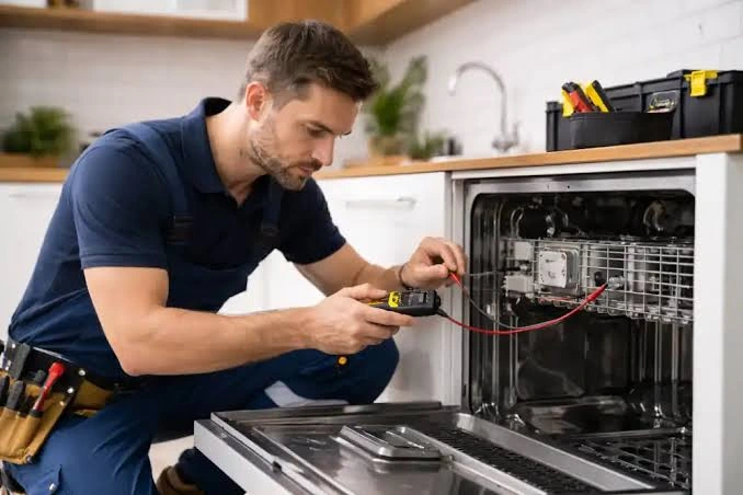 Technician checking an open dishwasher with a multimeter