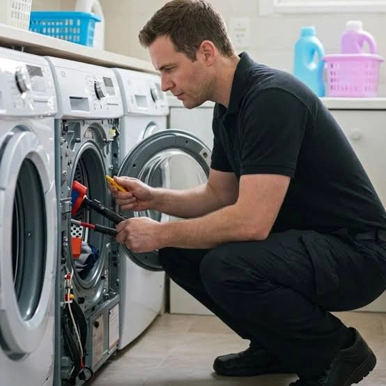 Technician examining the internal components of a washing machine